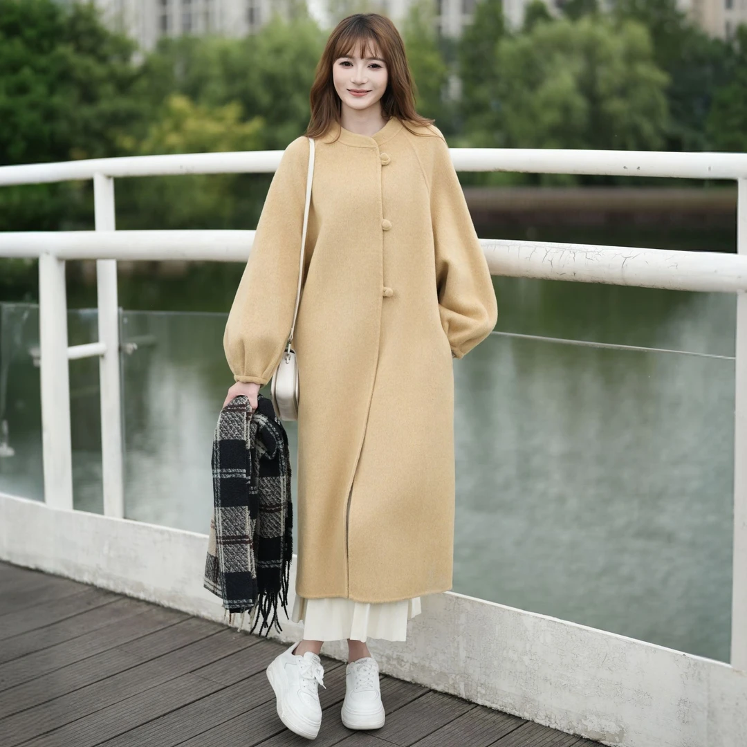 新中式简约宽松温柔风立领扣子时尚百搭长款秋冬羊毛大衣 25913