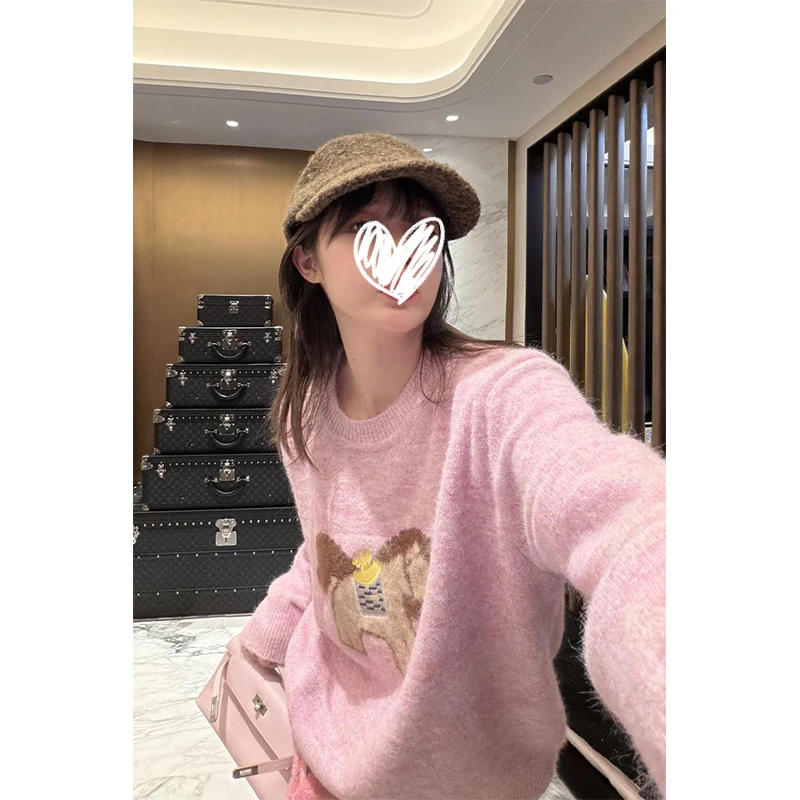 【锦锦冬日】时尚针织套头毛衣慵懒韩系百搭甜妹粉色上衣女设计感