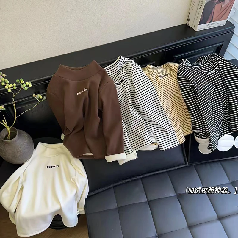 儿童半高领加绒加厚打底衫男女童秋冬条纹百搭高弹单上衣保暖