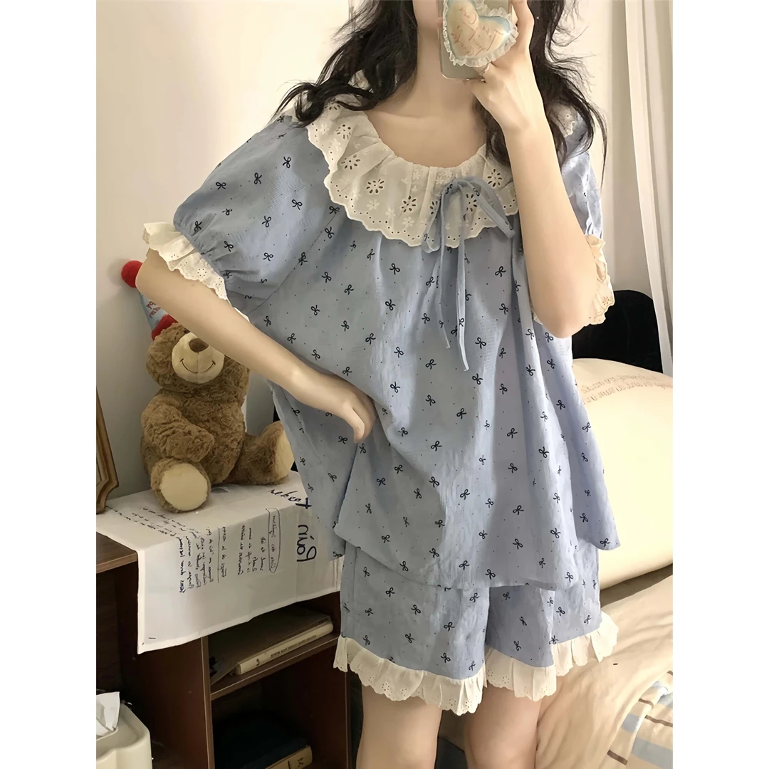 甜美减龄蝴蝶结印花花边睡衣套装2025夏季新款时尚家居服两件套女