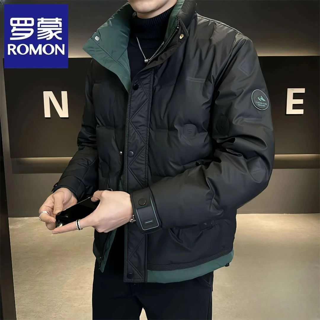 Romon/罗蒙冬季新款男士休闲羽绒服痞帅立领轻薄短款保暖夹克外套