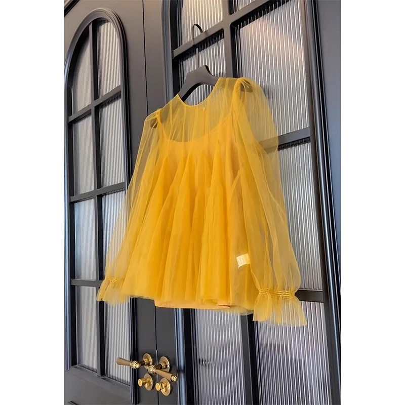 2025春季独特超好看别致衬衣高级感黄色圆领两件网纱叠穿吊带衬衫