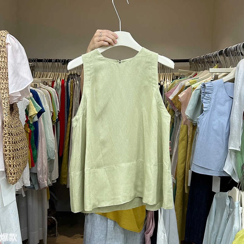 十三行女装新款韩系慵懒风无袖衬衫女夏宽松文艺亚麻马甲背心上衣