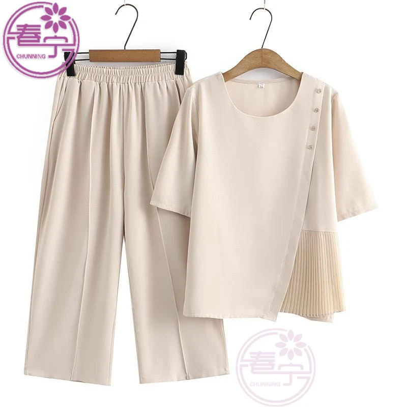 妈妈夏装套装时尚洋气质两件套中老年妇女婆婆上衣服短袖T恤女薄