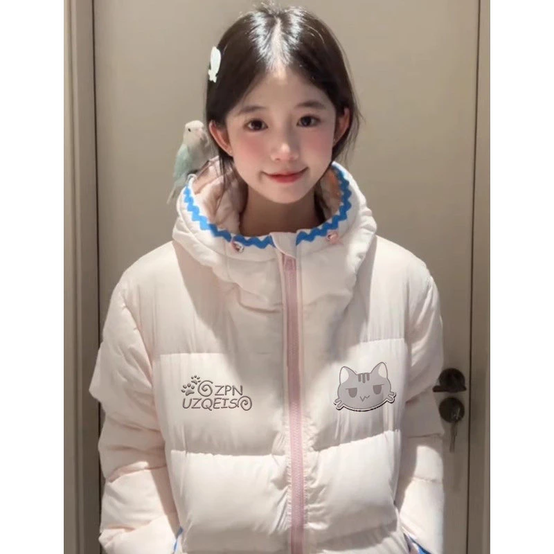 初中生90白鸭绒连帽羽绒服女冬季短款显瘦小个子粉色减龄保暖外套