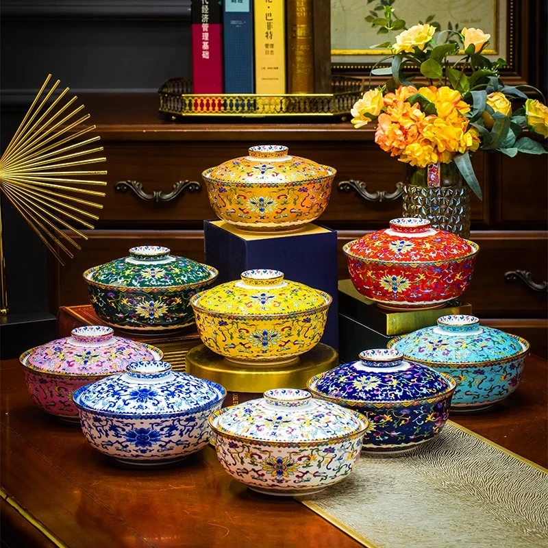 景德镇陶瓷器珐琅彩描金和合器家用中式宫廷风酒店餐具带盖泡面碗