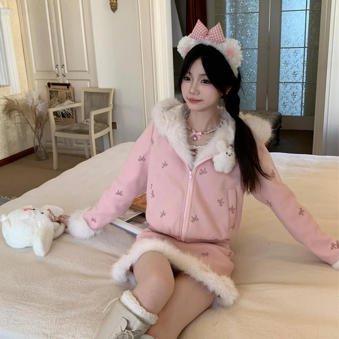 蜜桃雪糕 织物猪原创 冬款韩系少女粉色蝴蝶结刺绣毛绒外套半裙