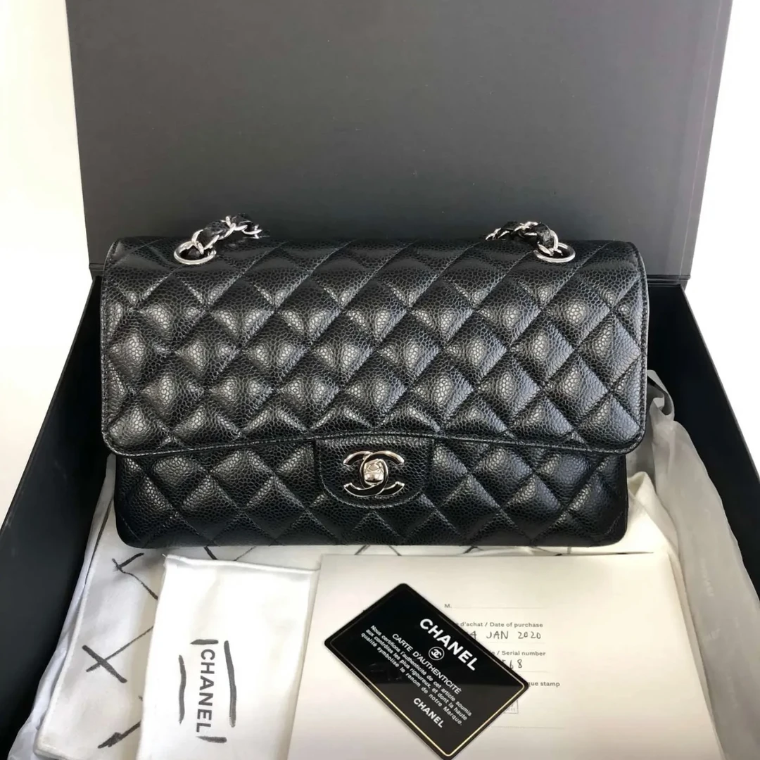 95新 Chanel/香奈儿 艾瑟尔奢品/黑银荔枝纹cf中号/8671