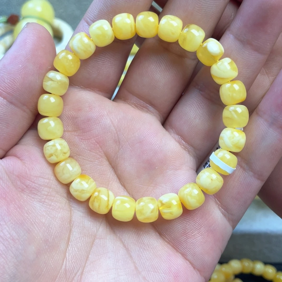 未镶嵌琥珀珠宝奇石黄白花浓蜡8.5mm精工老型手串