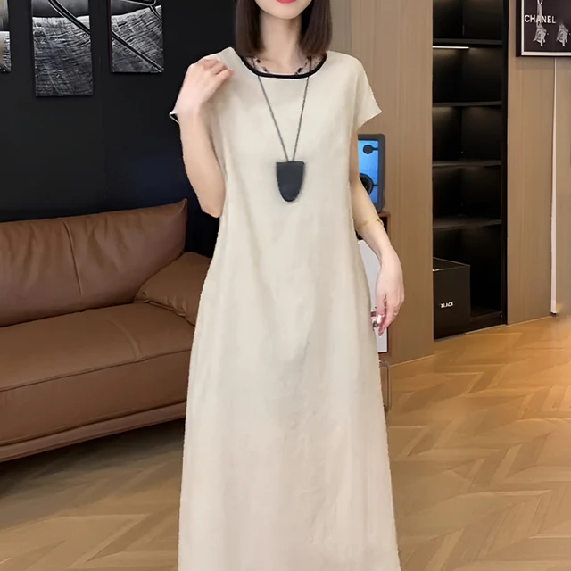 法式高级感圆领飞飞袖连衣裙2024新款女夏季宽松显瘦气质休闲长裙