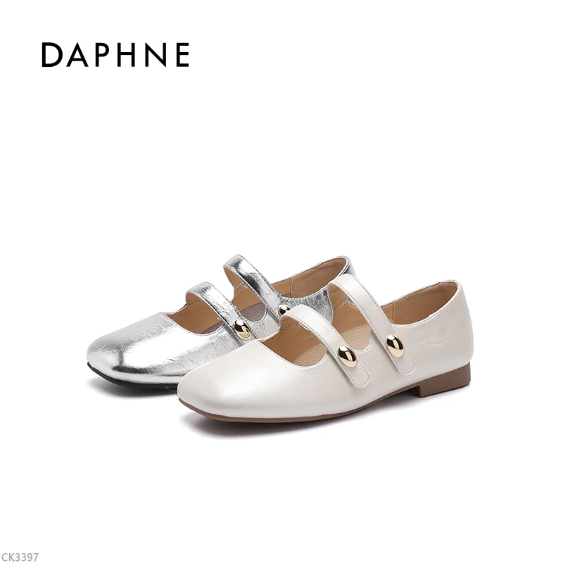 达芙妮品牌女鞋跟高1.5CM夏2025新款平底轻奢浅口真皮玛丽珍鞋