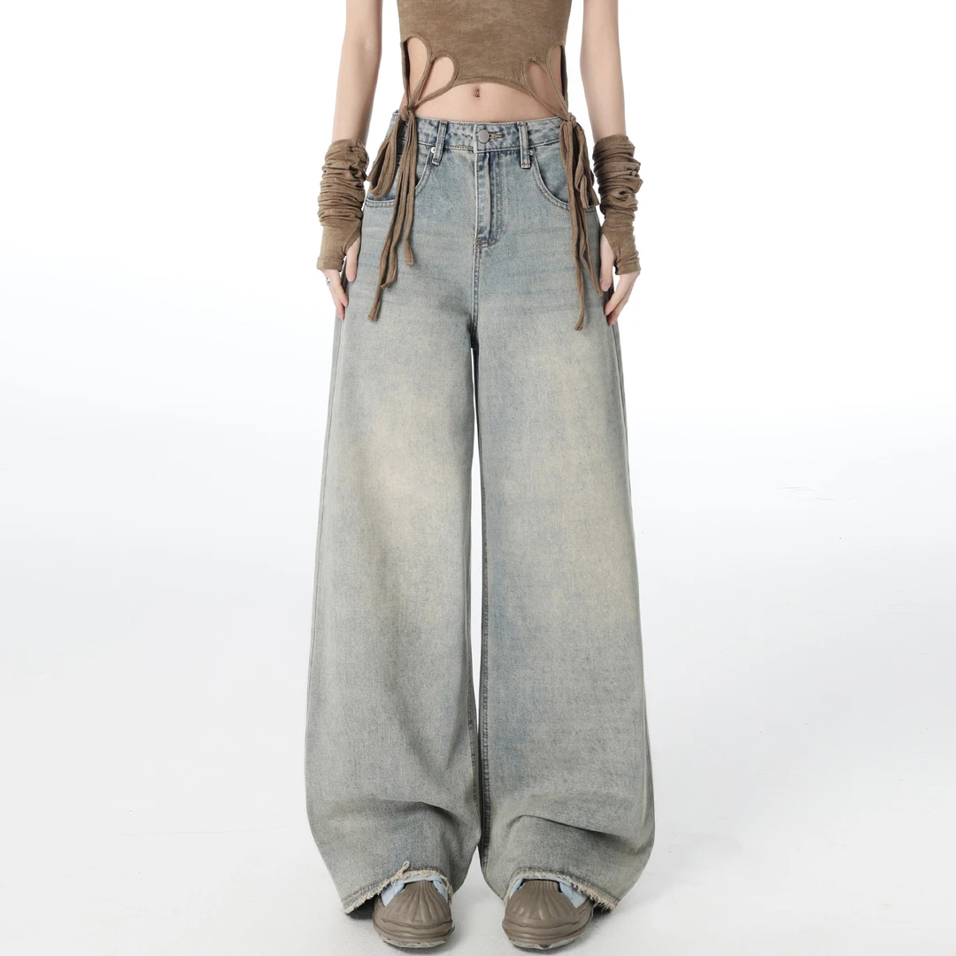 温姗美式复古做旧毛边阔腿高腰牛仔裤女春秋宽松显瘦百搭垂感长裤