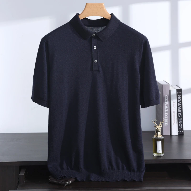 男士68支精纺纯山羊绒商务翻领夏季纯色时尚打底套头薄款半袖针织