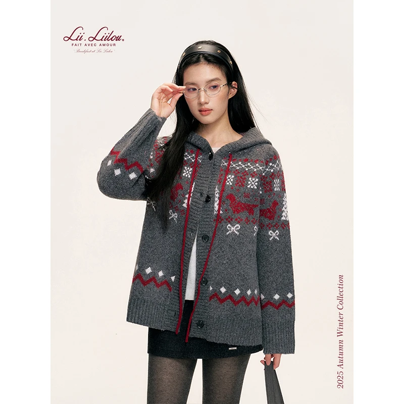 《旺旺雪宝专属》Liilou 羊毛混纺 腊肠狗提花费尔岛连帽毛衣外套