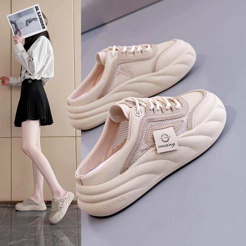 2025年新款夏季透气半托小白鞋女鞋防滑外穿懒人潮凉拖包头休闲鞋