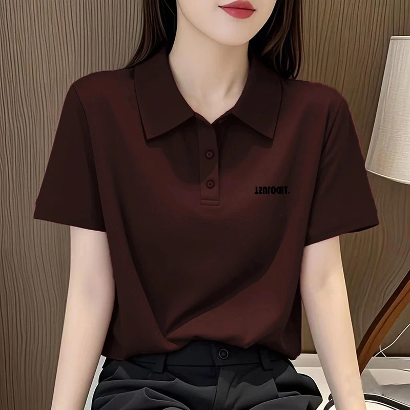 polo翻领短袖t恤女夏季2025年新款胖mm大码遮肚拼接纽扣显瘦体恤