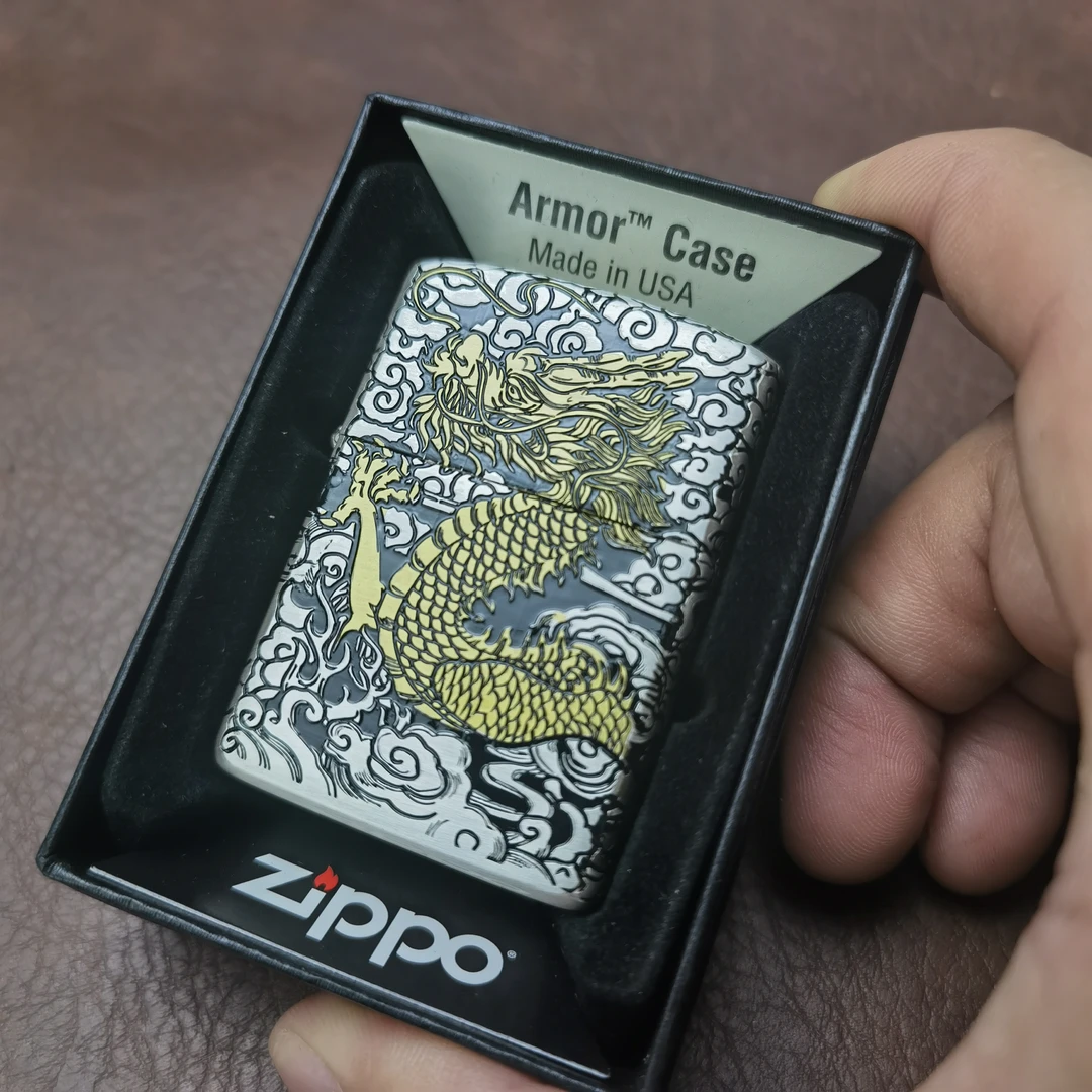 Zippo打火机镀银鎏金盔甲龙222