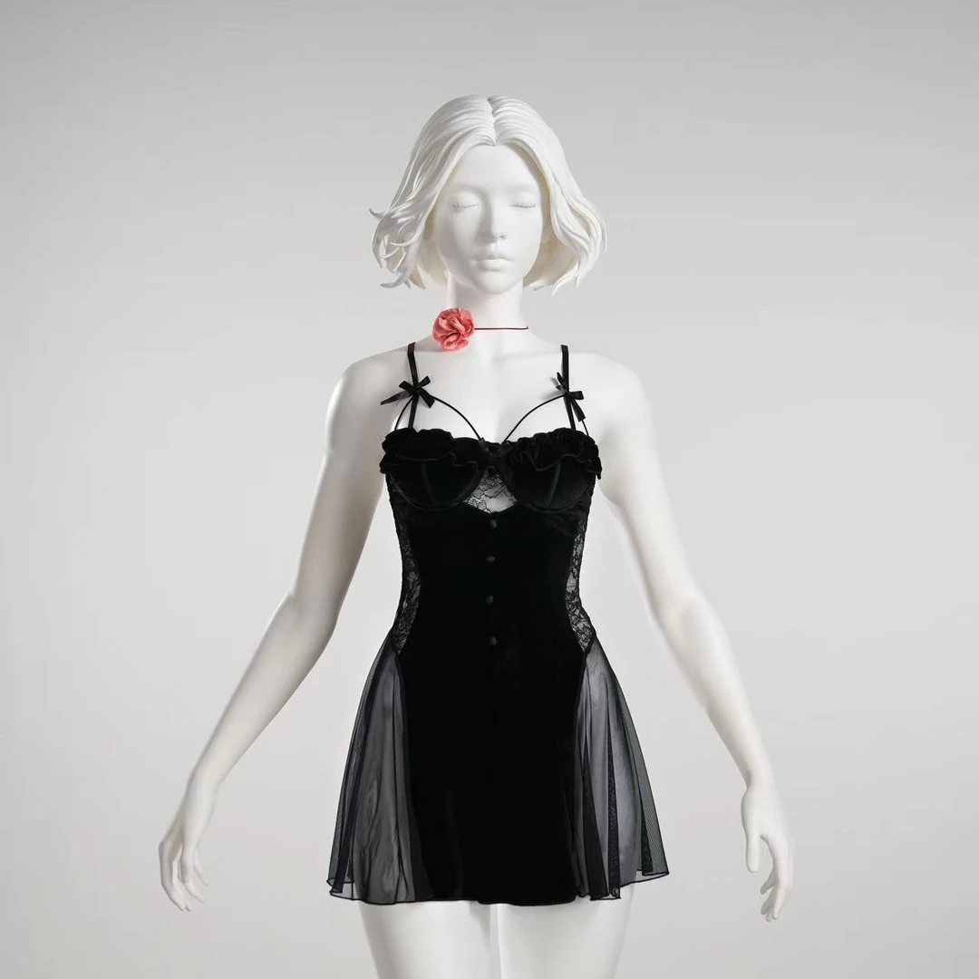 晚宴【90-220斤】轻奢 性感法式蕾丝显瘦气质丝绒大码睡裙  2953