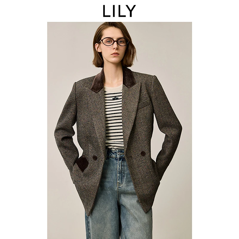 LILY2025冬新款含羊毛复古美拉德气质通勤西装外套女125409C2914