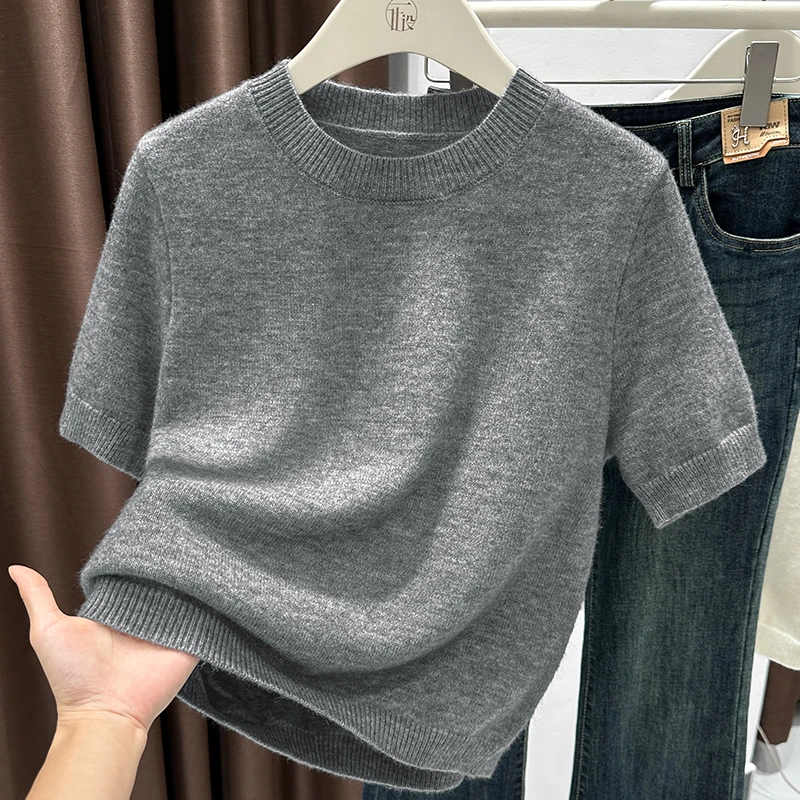 高级感灰色圆领针织短袖T恤2025新款爆款宽松百搭可外穿气质上衣