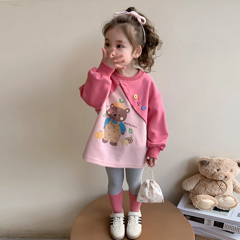 儿童春秋新款洋气女童假两件卫衣套装时髦女宝宝打底裤卡通两件套