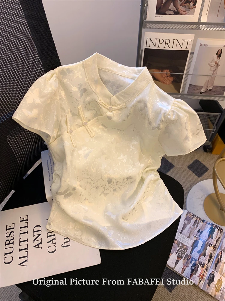 夏季新中式复古旗袍短袖衬衫女轻奢高级感国风蝴蝶提花立领小上衣