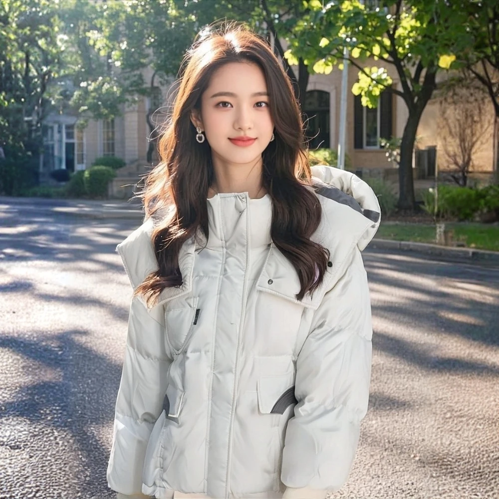 D124新款2025高级感工装风羽绒服小个子加厚白鸭绒时尚连帽女外套