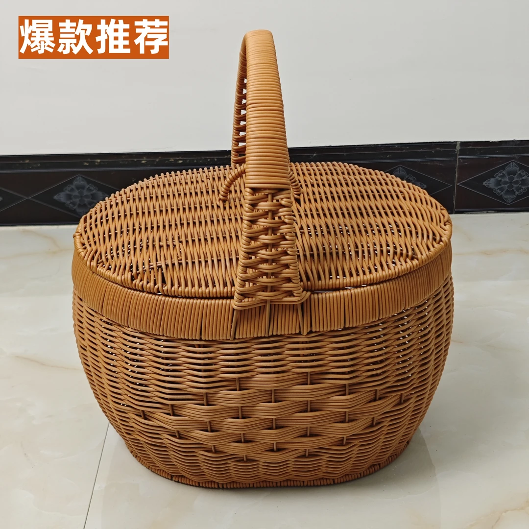 藤编中国结带盖花篮圆形手提篮菜篮超市野餐篮购物篮收纳筐创意