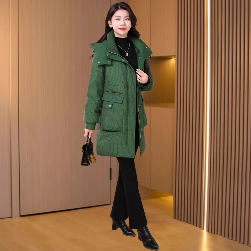 绿色中长款羽绒服女2025新款冬季今年爆款灯芯绒高端品牌棉服外套