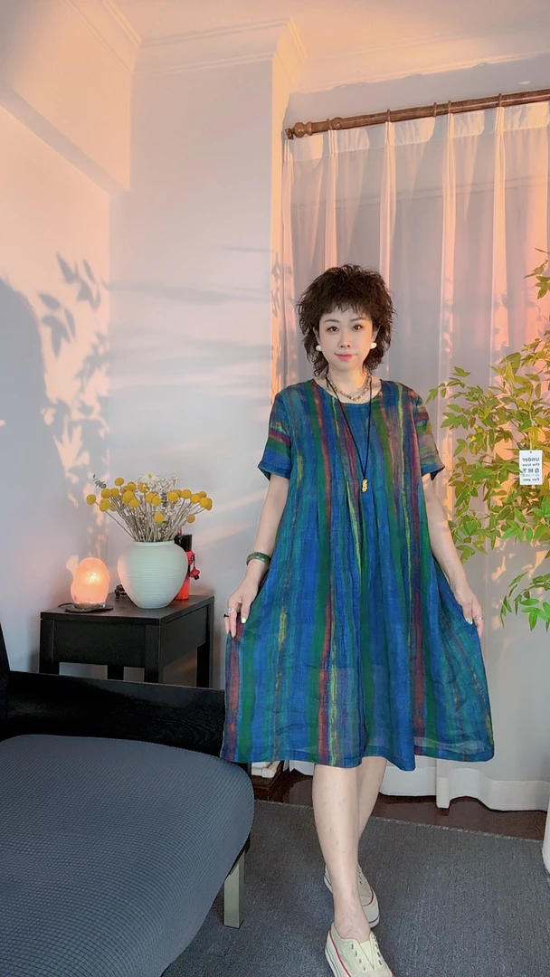 夏季苎麻彩条中长裙