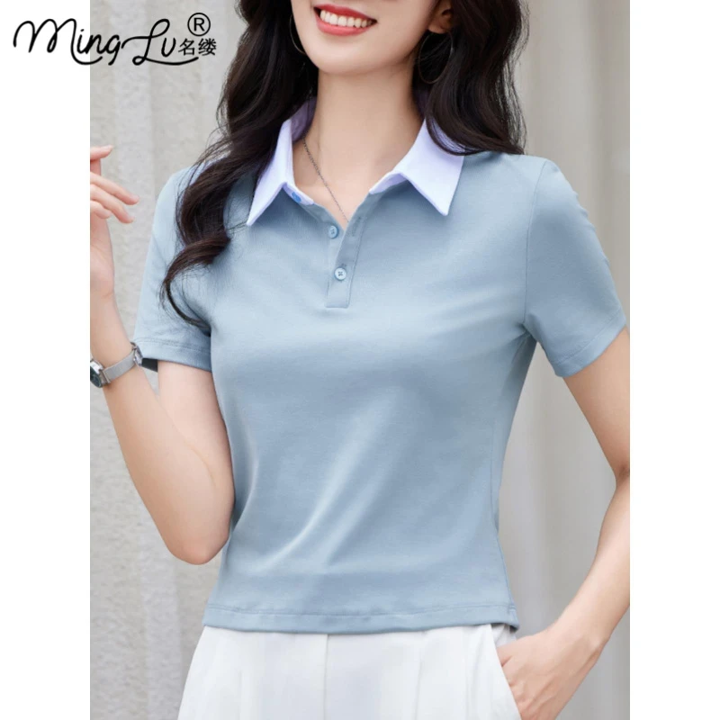 正肩纯色POLO领2025夏季新款短袖t恤女时尚纽扣拼接收腰上衣体恤