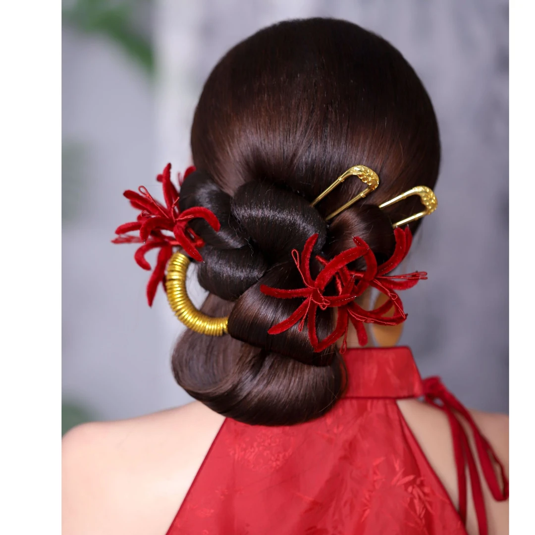 合金婚庆饰品 红色绒花彼岸花秀禾中式新娘饰品