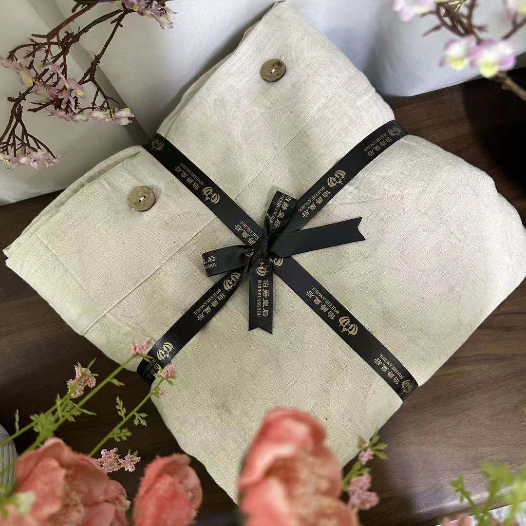 【单人椰壳扣被套】暗纹牡丹-原麻色棉麻被套1.5*2米