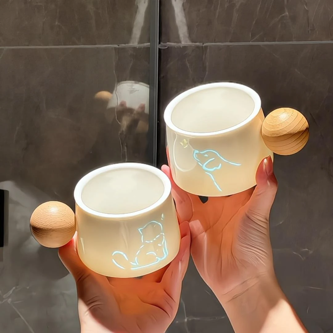 镂空玲珑猫狗咖啡杯家用陶瓷情侣杯高颜值办公室马克杯高级感水杯