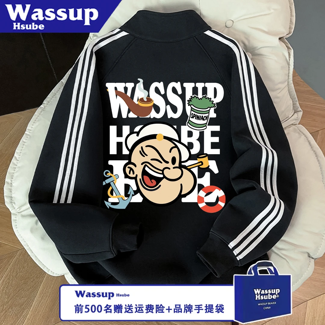 WASSUP HSUBE美式印花情侣长袖大力水手三条杠秋冬宽松拉链上衣