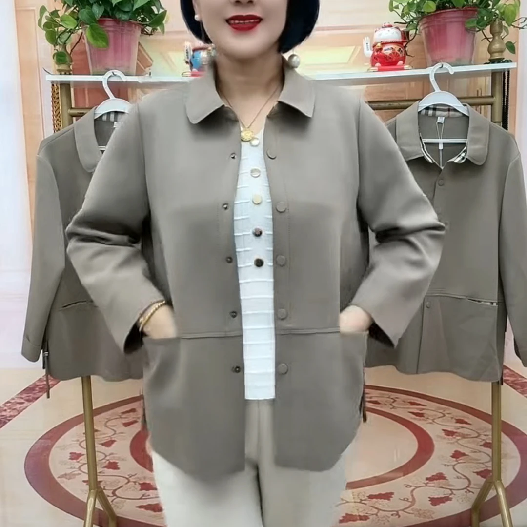 2025秋季新款纯色百搭弹力不加衬时尚大方休闲翻领外套减龄妈妈装