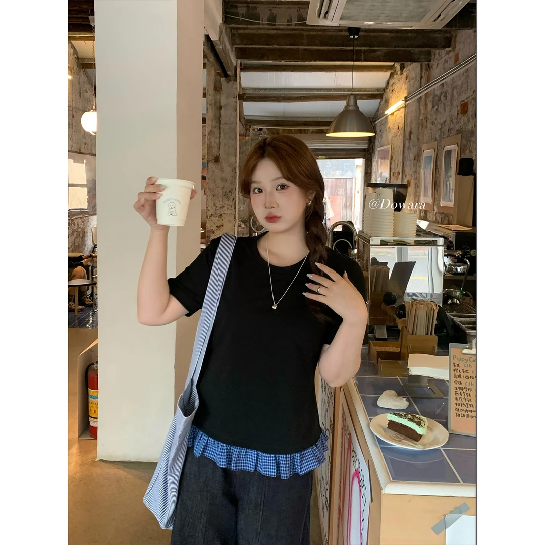 现货大婉酱微胖定制莱赛尔假两件短袖T恤格子拼接正肩上衣女8083D