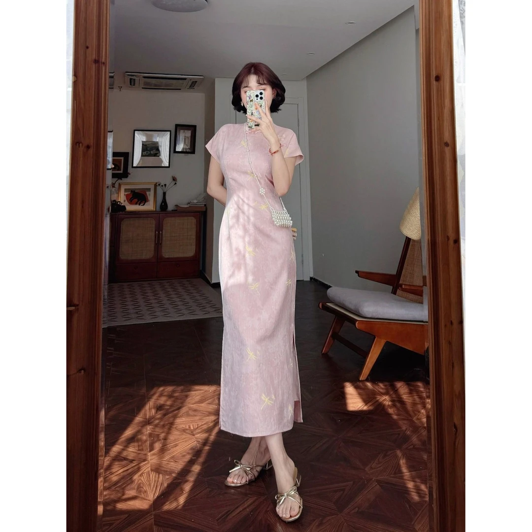 粉色连衣裙少女感2026爆款新款改良新中式印花个性连肩袖旗袍修身