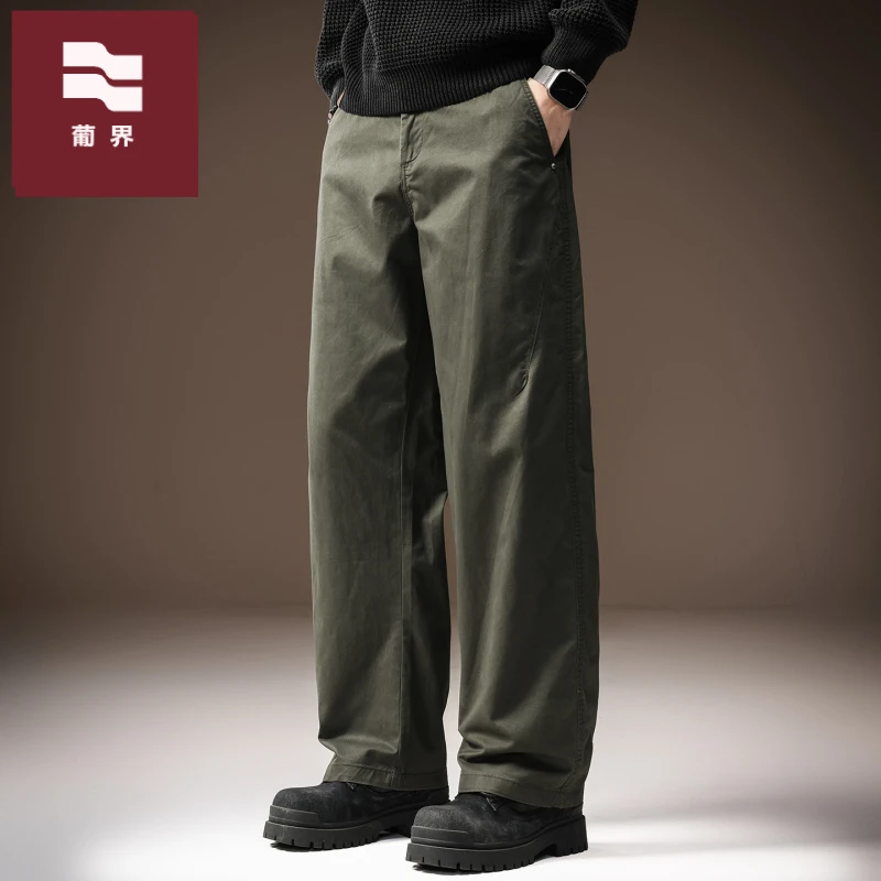 高端日系复古纯棉男士休闲裤秋冬加绒纯色简约宽松直筒阔腿长裤男