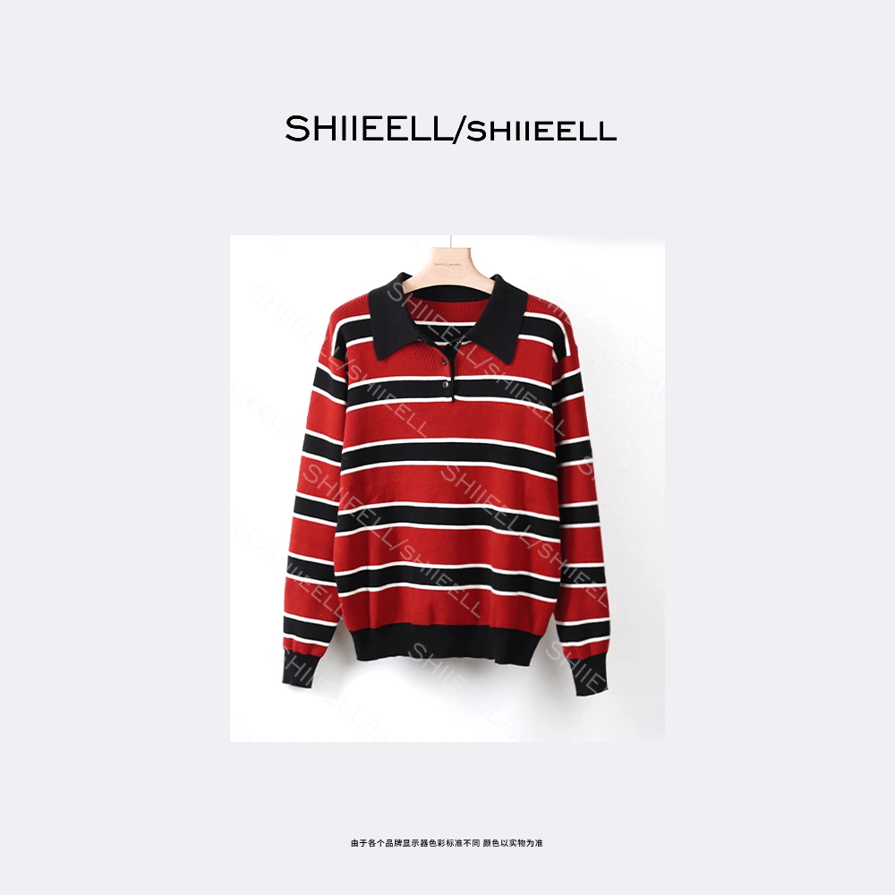 SHIIEELL早春安哥拉红撞色翻领POLO针织衫W4605