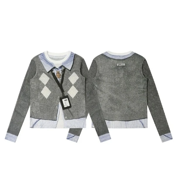 【F-fang】印花工牌长袖小众设计复古圆领学院风