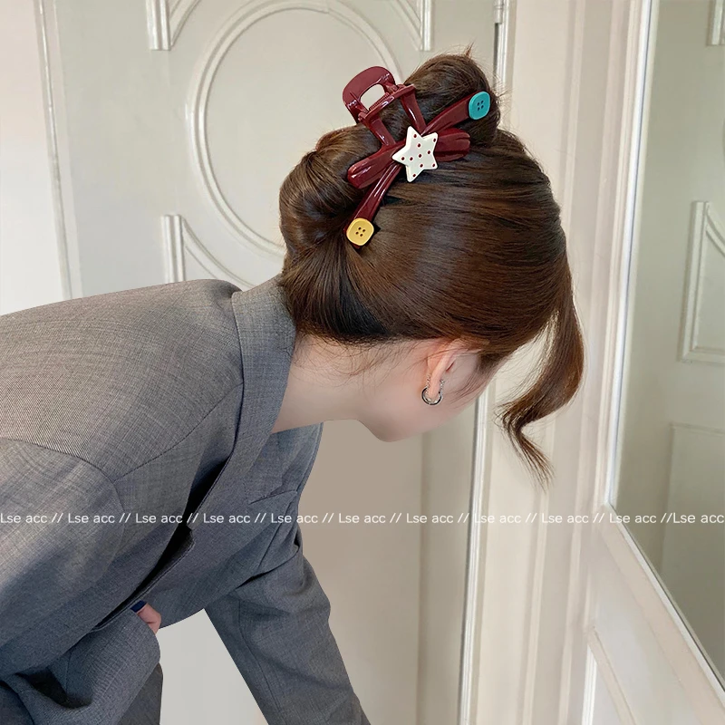 趣味撞色波点星星纽扣抓夹大号蝴蝶结鲨鱼夹半扎盘发夹发量多发抓