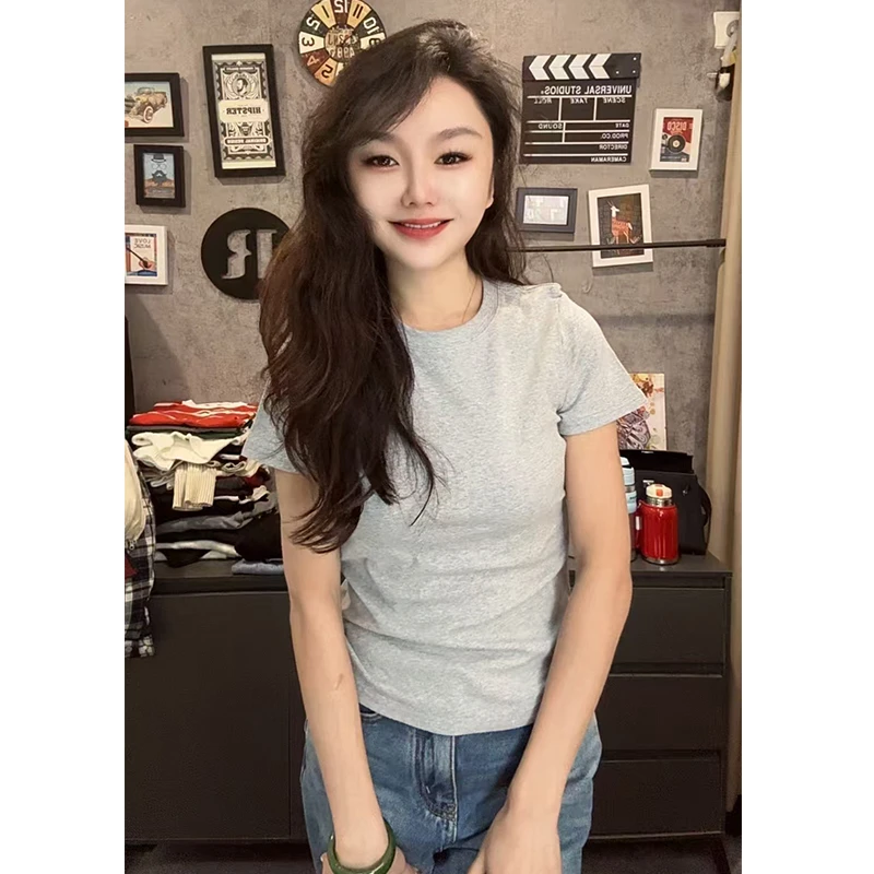 春夏季纯色短袖T恤女简约百搭修身显瘦时尚正肩棉t内搭上衣