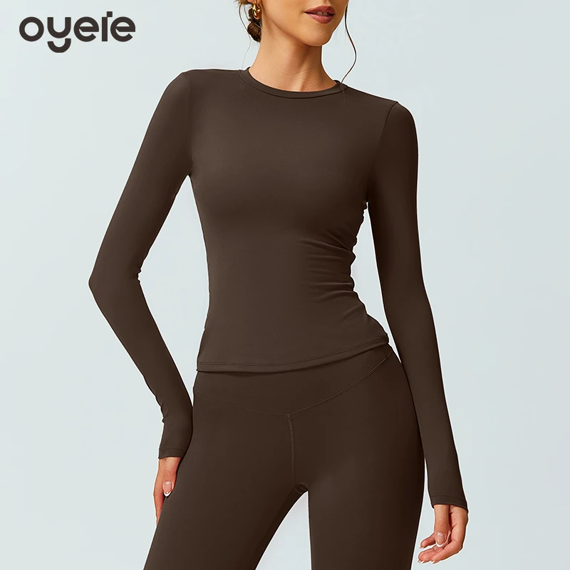 oyeie美式小圆领长袖T恤掐腰显瘦辣妹打底衫瑜伽运动健身修身上衣