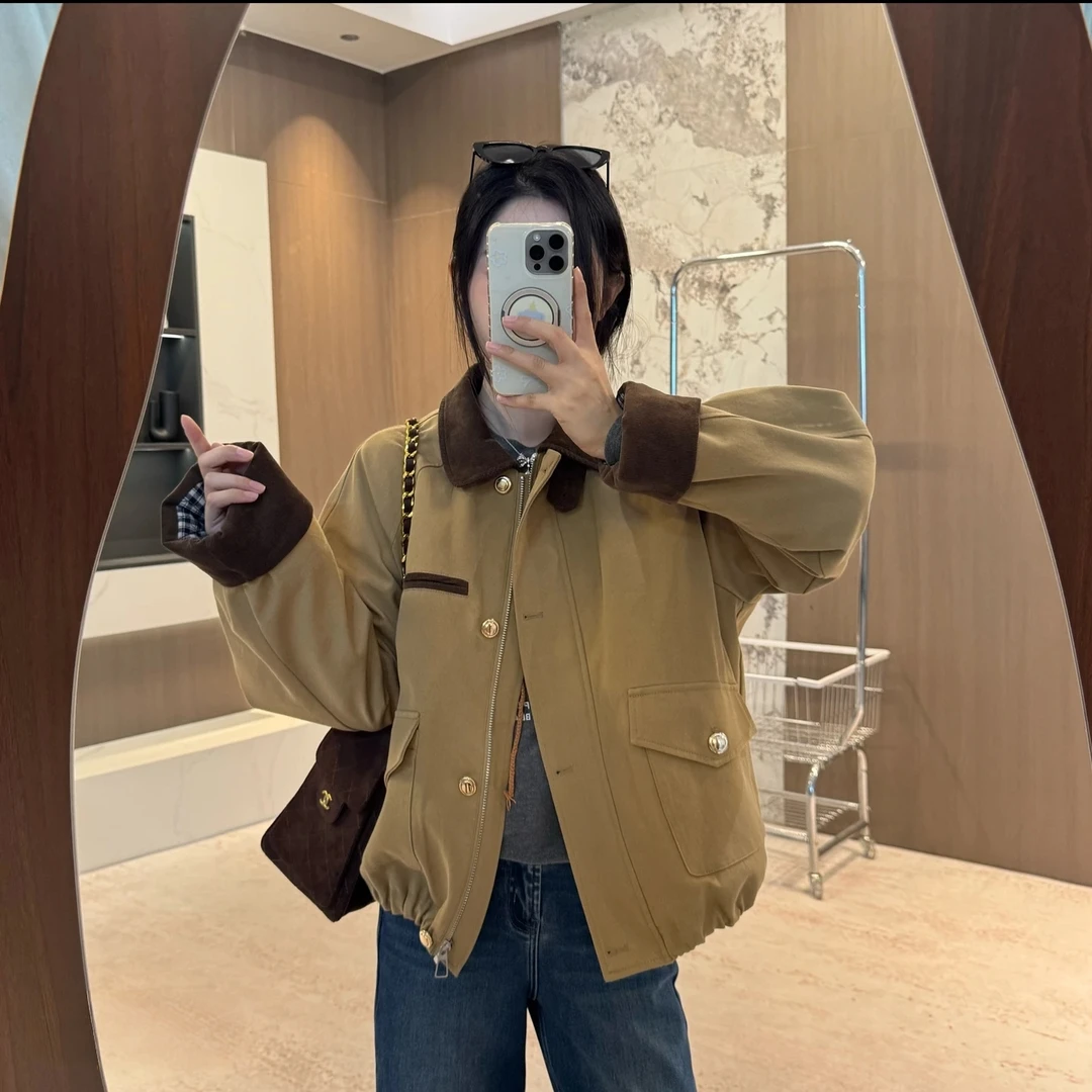 L S  露思同款外套 明星款加棉加厚外套慵懒风秋冬翻领短款宽松1