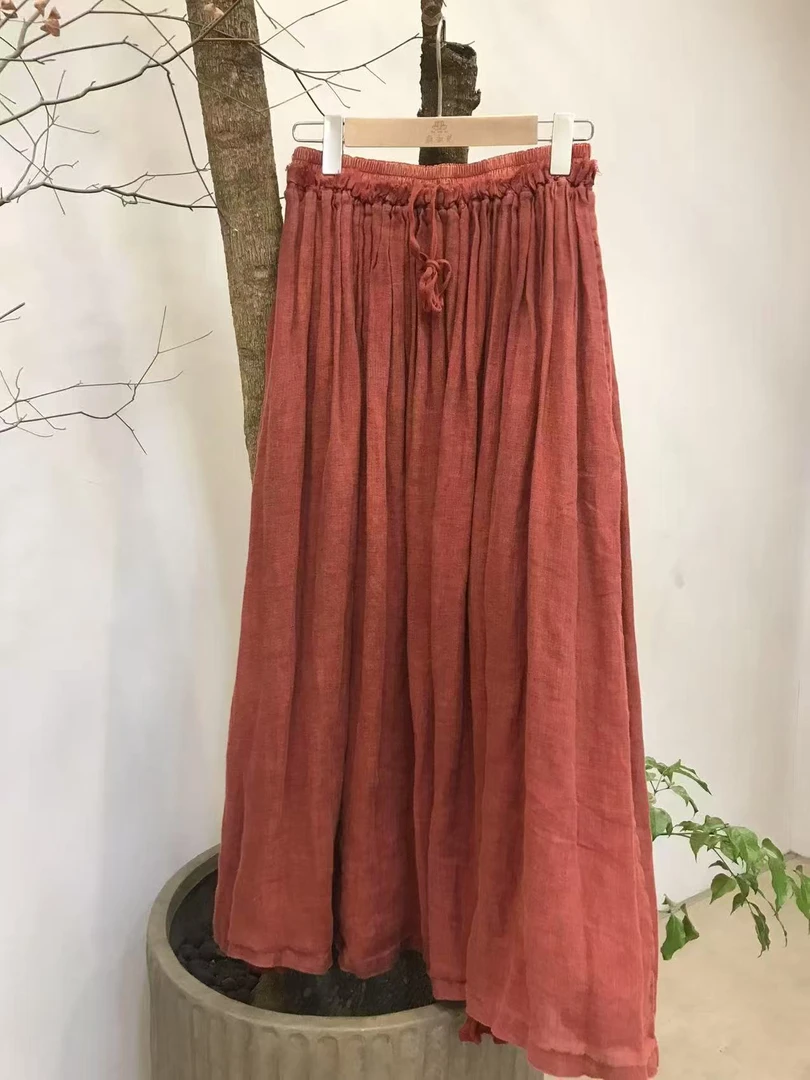 【几念原创】复古纯色亚麻半身裙时尚高腰百褶薄款褶皱女士长裙3059