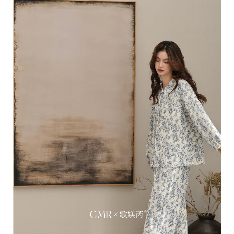 春秋季睡衣女纯棉加厚可外穿空气棉夹层大码家居服韩版冬季复古