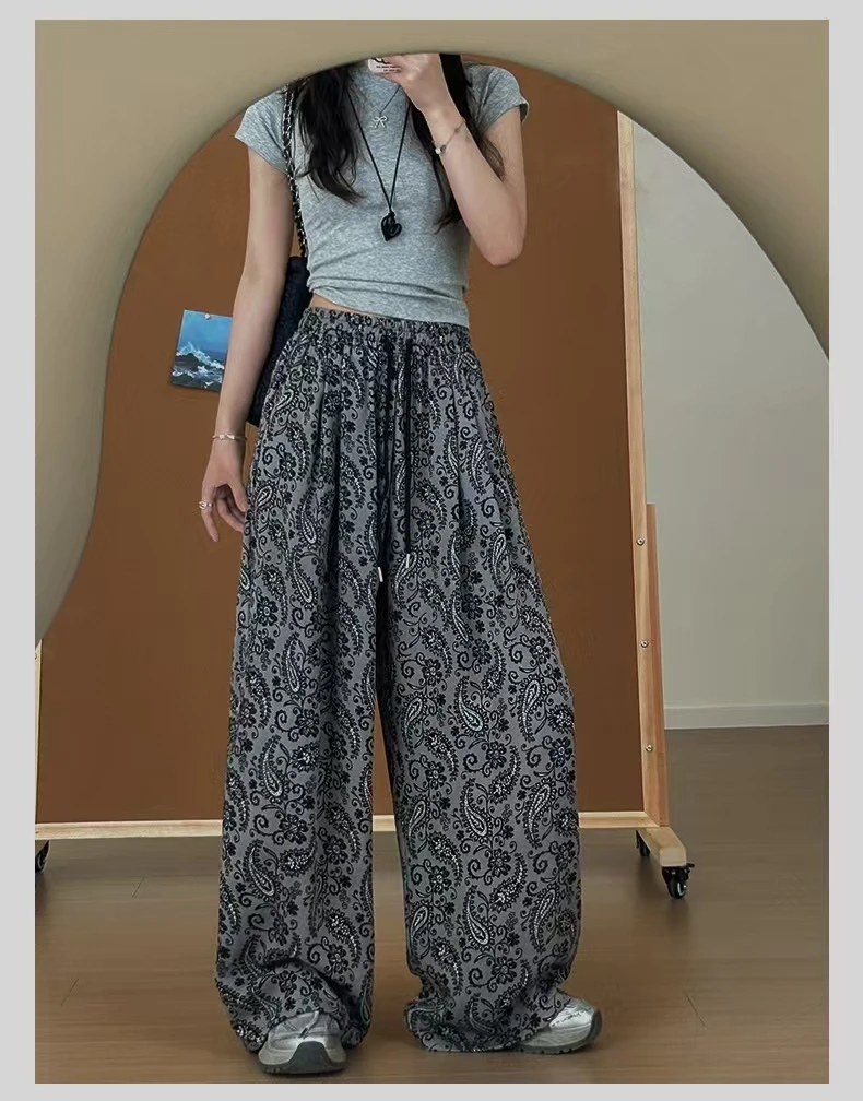 9513#夏季复古印花高腰休闲裤腰果花裤垂感直筒裤女