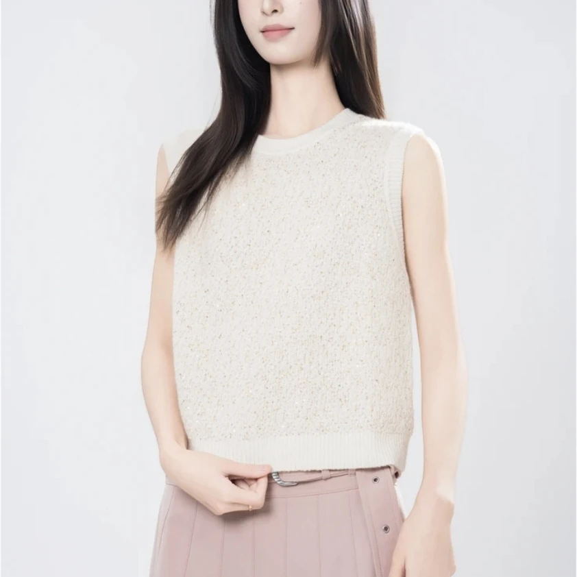 AMASS/阿玛施早秋新款时尚亮片气质圆领镂空针织背心女538087