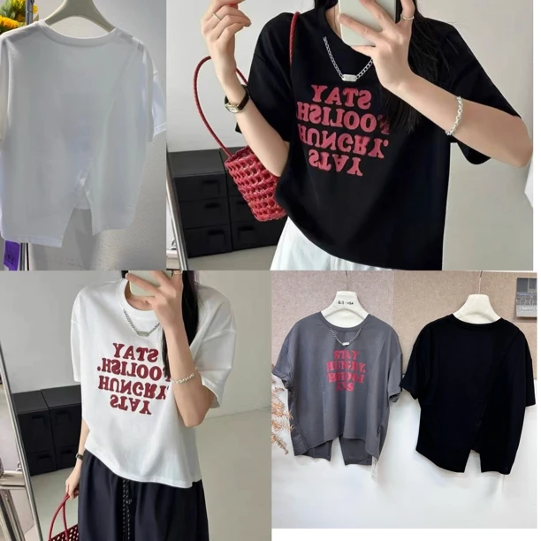 薇莎2587【现货】后开叉链条雪花棉字母印花圆领百搭T恤